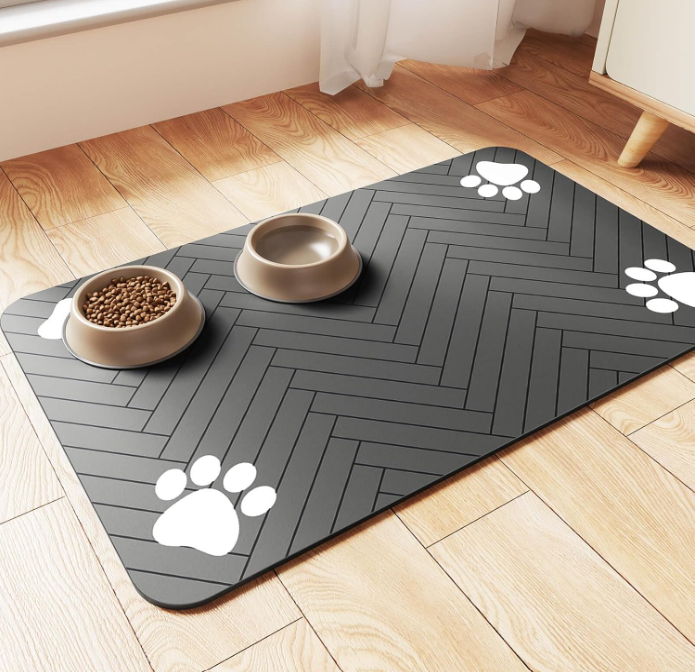 Pet Feeding Mat-Absorbent Pet Placemat for Food and Water Bowl, with Waterproof Rubber Backing, Quick Dry Water Dispenser Mat for Dog and Cat (12"x20", Striped Dark Gray)